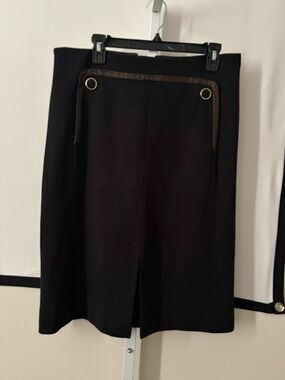 Tory Burch Black Pencil Skirt with Brown Trim and Gold Grommets